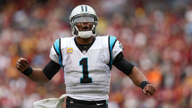 LANDOVER, MD - OCTOBER 14: Quarterback Cam Newton #1 of the Carolina Panthers celebrates against the Washington Redskins at FedExField on October 14, 2018 in Landover, Maryland.
