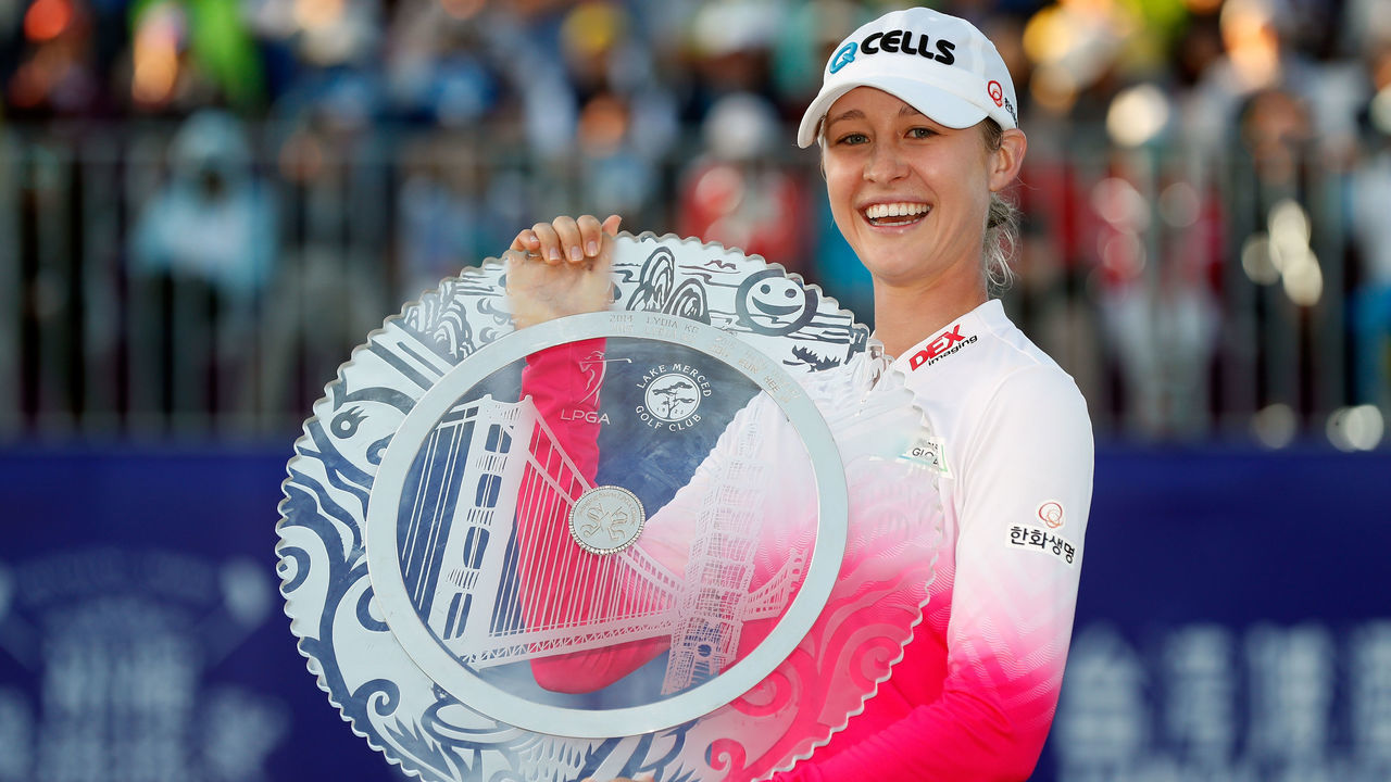 TAOYUAN, TAIWAN - OCTOBER 28: Nelly Korda poses with her trophy on the 18th green after winning the Swinging Skirts LPGA Taiwan Championships at Ta Shee Golf & Country Club on October 28, 2018 in Taoyuan, Taiwan.