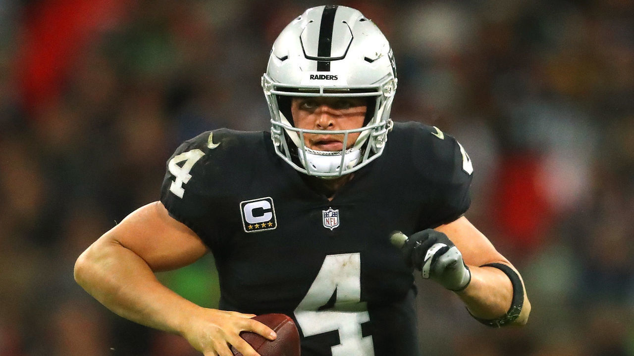 LONDON, ENGLAND - OCTOBER 14: Derek Carr of the Oakland Raiders in action during the NFL International Series game between Seattle Seahawks and Oakland Raiders at Wembley Stadium on October 14, 2018 in London, England.