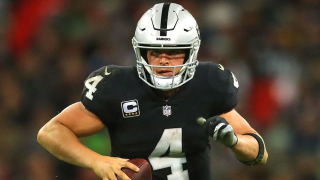 LONDON, ENGLAND - OCTOBER 14: Derek Carr of the Oakland Raiders in action during the NFL International Series game between Seattle Seahawks and Oakland Raiders at Wembley Stadium on October 14, 2018 in London, England.