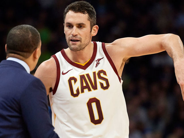 MINNEAPOLIS, MN - OCTOBER 19: Kevin Love #0 of the Cleveland Cavaliers speaks with head coach Tyronn Lue during the game against the Minnesota Timberwolves on October 19, 2018 at the Target Center in Minneapolis, Minnesota. The Timberwolves defeated the Cavaliers 131-123.