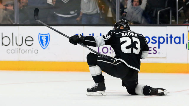 LOS ANGELES, CA - APRIL 05: Dustin Brown #23 of the Los Angeles Kings reacts after scoring the winning goal in overtime, his fourth goal of the night against the Minnesota Wild at Staples Center on April 5, 2018 in Los Angeles, California. THe Los Angeles Kings defeated the Minnesota Wild 5-4.