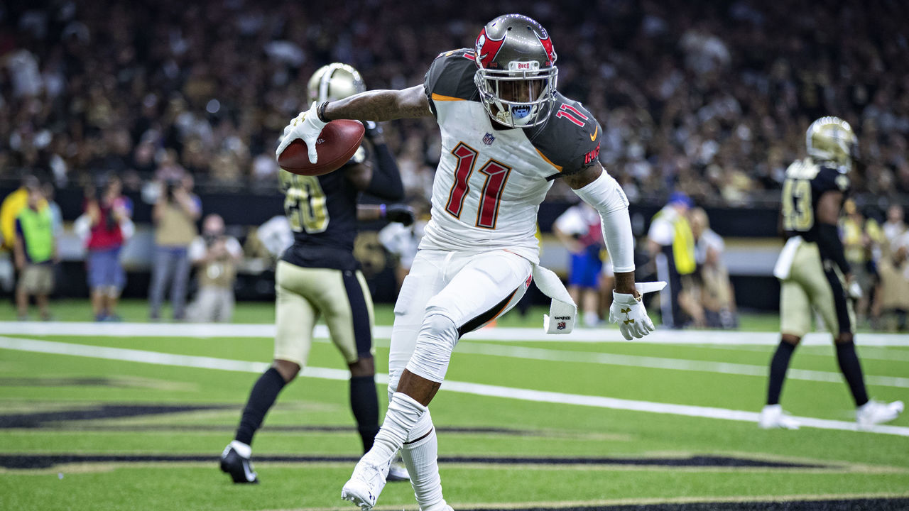 NEW ORLEANS, LA - SEPTEMBER 9: DeSean Jackson #11 of the Tampa Bay Buccaneers celebrates in the end zone with a dance after catching a touchdown pass against the New Orleans Saints at Mercedes-Benz Superdome on September 9, 2018 in New Orleans, Louisiana. The Buccaneers defeated the Saints 48-40.
