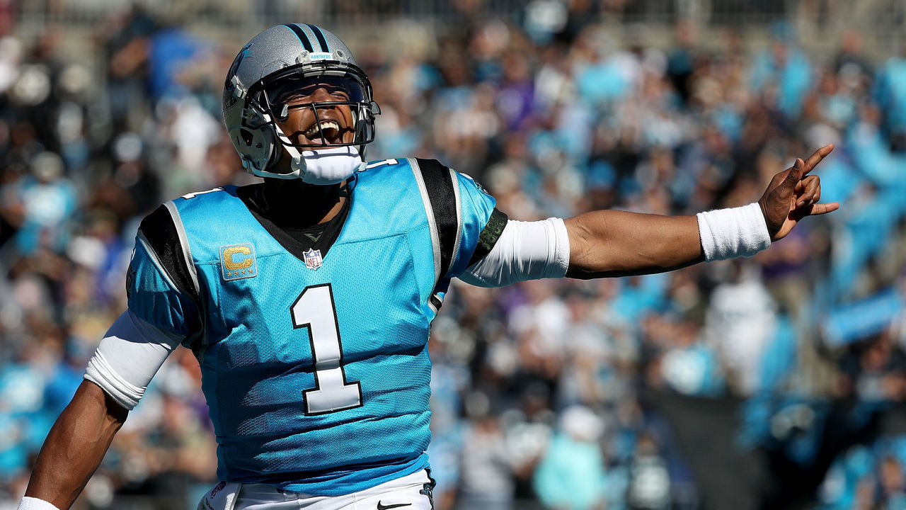 CHARLOTTE, NC - OCTOBER 28: Cam Newton #1 of the Carolina Panthers celebrates a second quarter touchdown against the Baltimore Ravens during their game at Bank of America Stadium on October 28, 2018 in Charlotte, North Carolina.