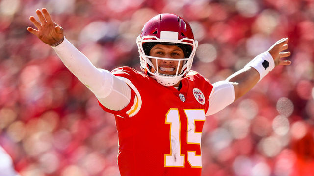 KANSAS CITY, MO - OCTOBER 28: Patrick Mahomes #15 of the Kansas City Chiefs audibles at the line during the second quarter of the game against the Denver Broncos at Arrowhead Stadium on October 28, 2018 in Kansas City, Missouri.