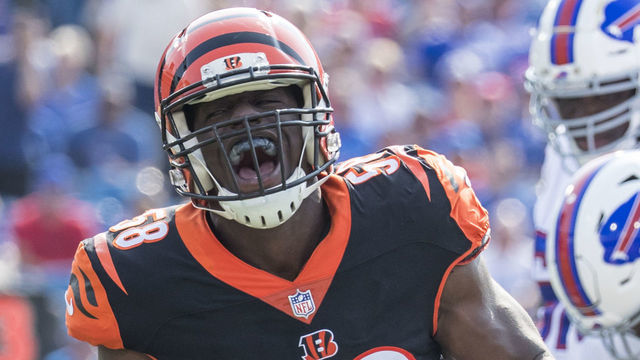 ORCHARD PARK, NY - AUGUST 26: Carl Lawson #58 of the Cincinnati Bengals celebrates a first quarter sack against Josh Allen #17 of the Buffalo Bills during the preseason game at New Era Field on August 26, 2018 in Orchard Park, New York.