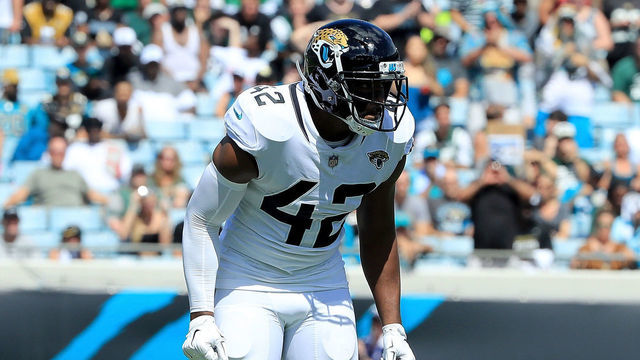 JACKSONVILLE, FL - SEPTEMBER 30: Barry Church #42 of the Jacksonville Jaguars lines up during the game against the New York Jets on September 30, 2018 in Jacksonville, Florida.
