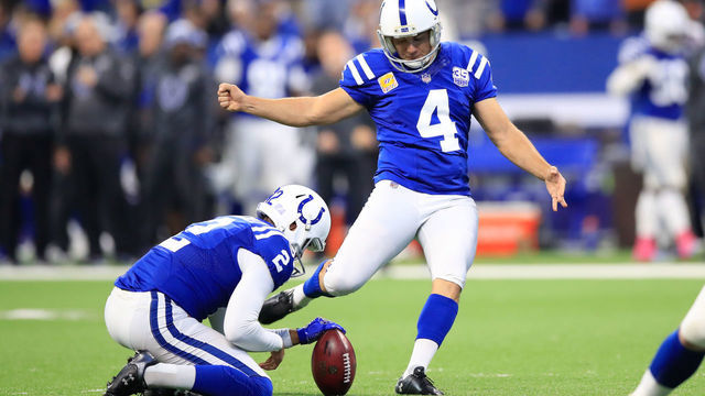 INDIANAPOLIS, IN - OCTOBER 21: Adam Vinatieri #4 of the Indianapolis Colts kicks an extra point in the second quarter against the Buffalo Bills at Lucas Oil Stadium on October 21, 2018 in Indianapolis, Indiana.