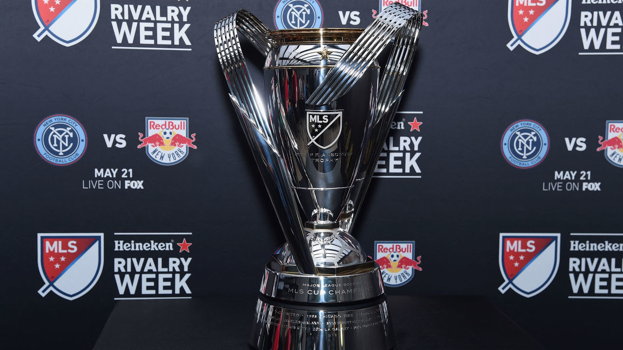 NEW YORK, NY - MAY 19: A view of the MLS cup on display at the MLS Heineken Rivalry Week Human Foosball Soccer event on May 19, 2016 in New York City.