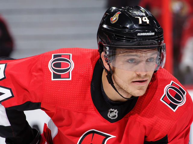OTTAWA, ON - OCTOBER 4: Mark Borowiecki #74 of the Ottawa Senators prepares for a faceoff against the Chicago Blackhawks at Canadian Tire Centre on October 4, 2018 in Ottawa, Ontario, Canada.
