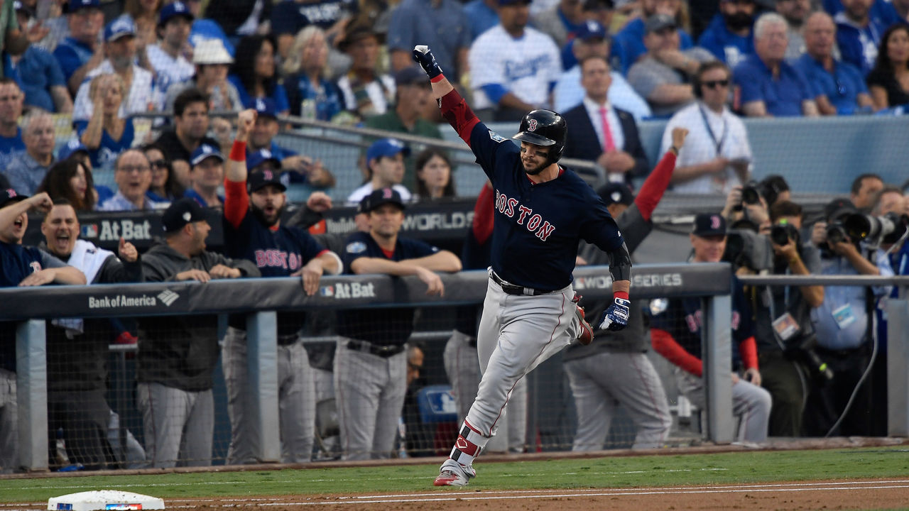 LOS ANGELES, CA - OCTOBER 28: Steve Pearce #25 of the Boston Red Sox celebrates his first inning two-run home run against the Los Angeles Dodgers in Game Five of the 2018 World Series at Dodger Stadium on October 28, 2018 in Los Angeles, California.
