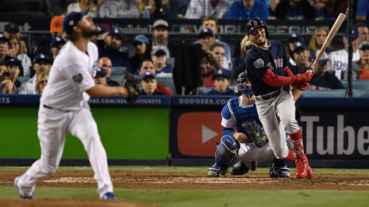 LOS ANGELES, CA - OCTOBER 28: Clayton Kershaw #22 of the Los Angeles Dodgers reacts as he allows a sixth inning home run to Mookie Betts #50 of the Boston Red Sox in Game Five of the 2018 World Series at Dodger Stadium on October 28, 2018 in Los Angeles, California.