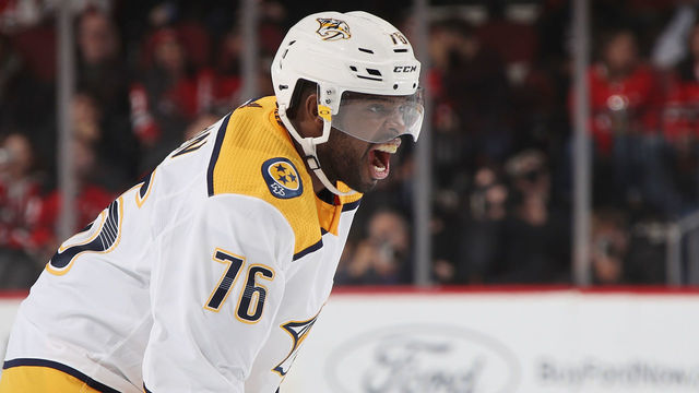 NEWARK, NEW JERSEY - OCTOBER 25: P.K. Subban #76 of the Nashville Predators yells at teammates during the first period against the New Jersey Devils at the Prudential Center on October 25, 2018 in Newark, New Jersey.