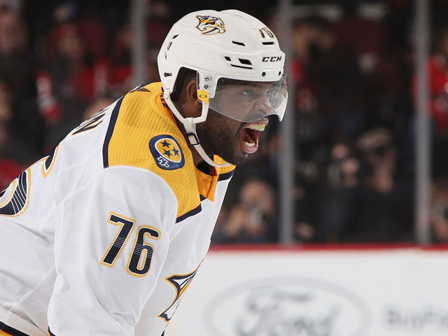 NEWARK, NEW JERSEY - OCTOBER 25: P.K. Subban #76 of the Nashville Predators yells at teammates during the first period against the New Jersey Devils at the Prudential Center on October 25, 2018 in Newark, New Jersey.