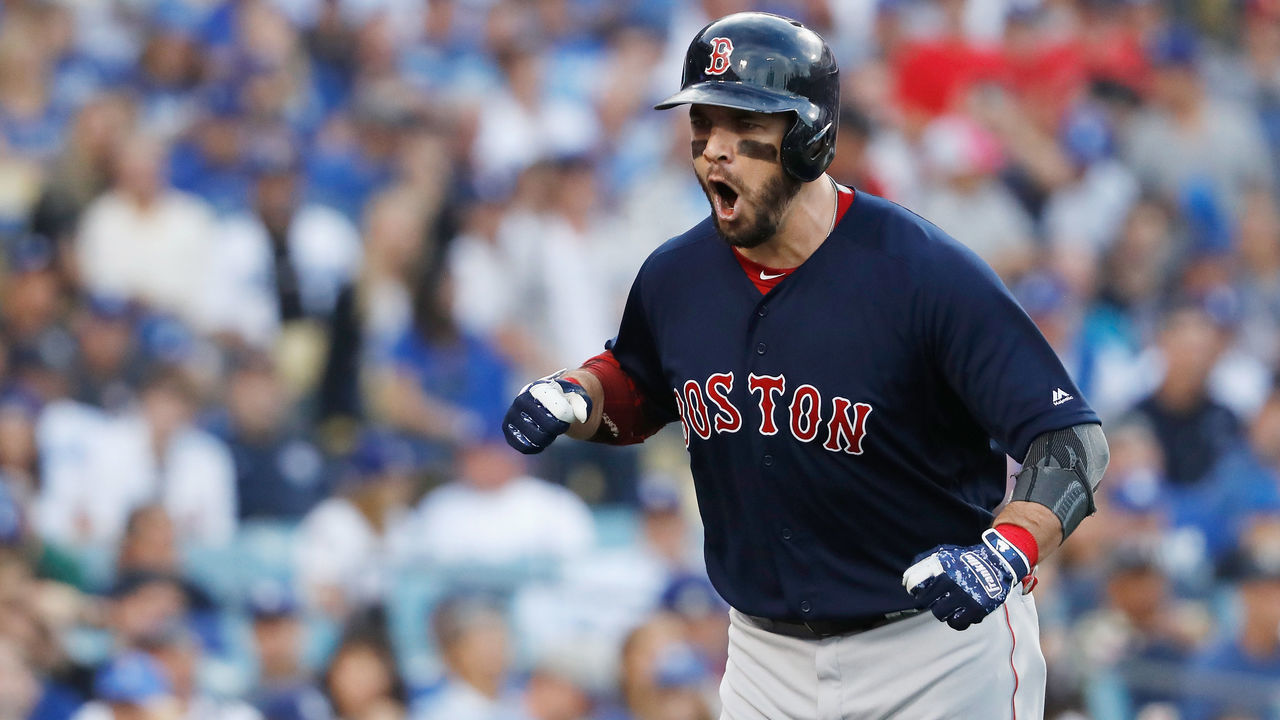 LOS ANGELES, CA - OCTOBER 28: Steve Pearce #25 of the Boston Red Sox celebrates his first inning two-run home run against the Los Angeles Dodgers in Game Five of the 2018 World Series at Dodger Stadium on October 28, 2018 in Los Angeles, California.
