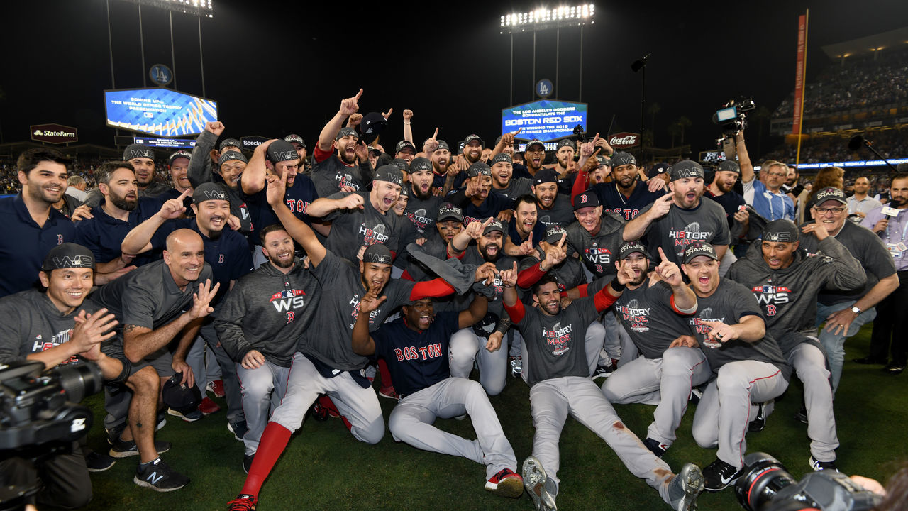 LOS ANGELES, CA - OCTOBER 28: The Boston Red Sox celebrate their 5-1 win over the Los Angeles Dodgers in Game Five to win the 2018 World Series at Dodger Stadium on October 28, 2018 in Los Angeles, California.