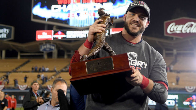 LOS ANGELES, CA - OCTOBER 28: Steve Pearce #25 of the Boston Red Sox is awarded the MVP after defeating the Los Angeles Dodgers 5-1 in Game Five of the 2018 World Series at Dodger Stadium on October 28, 2018 in Los Angeles, California.