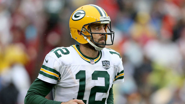 LANDOVER, MD - SEPTEMBER 23: Aaron Rodgers #12 of the Green Bay Packers looks on after the Packers failed to convert against the Washington Redskins in the fourth quarter at FedExField on September 23, 2018 in Landover, Maryland.