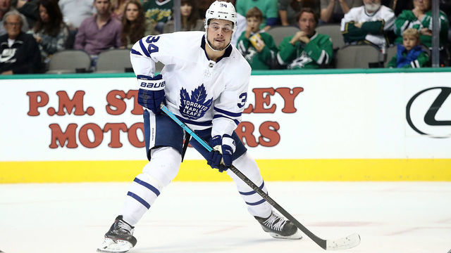 DALLAS, TX - OCTOBER 09: Auston Matthews #34 of the Toronto Maple Leafs at American Airlines Center on October 9, 2018 in Dallas, Texas.