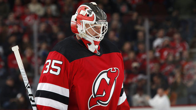 NEWARK, NJ - MARCH 4: Cory Schneider #35 of the New Jersey Devils in action against the Vegas Golden Knights during the first period at the Prudential Center on March 4, 2018 in Newark, New Jersey.