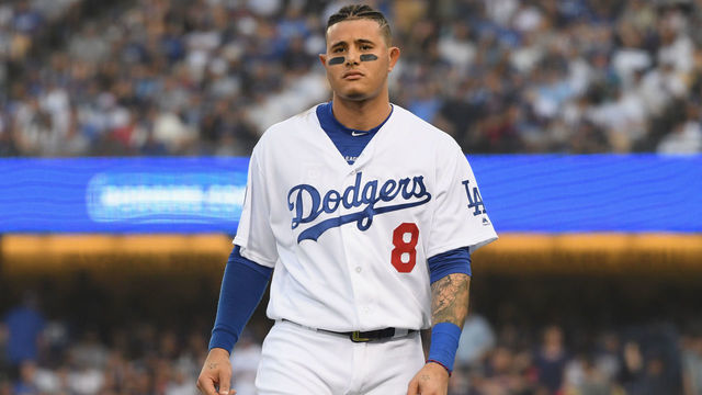 LOS ANGELES, CA - OCTOBER 28: Manny Machado #8 of the Los Angeles Dodgers reacts to his first inning strike out against the Boston Red Sox in Game Five of the 2018 World Series at Dodger Stadium on October 28, 2018 in Los Angeles, California.