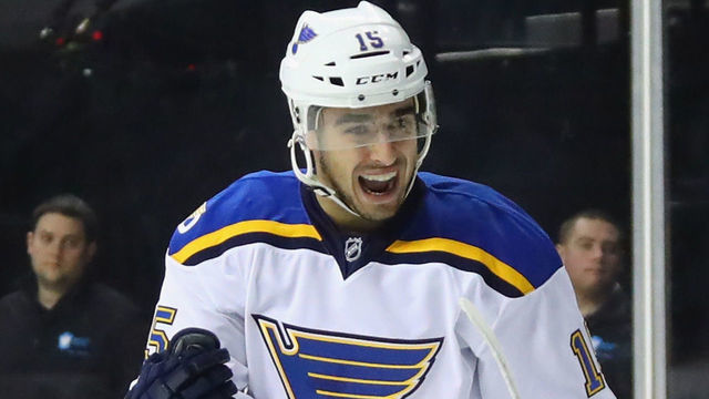 NEW YORK, NY - DECEMBER 08: Robby Fabbri #15 of the St. Louis Blues celebrates his goal at 4:36 of the first period against the New York Islanders at the Barclays Center on December 8, 2016 in the Brooklyn borough of New York City.