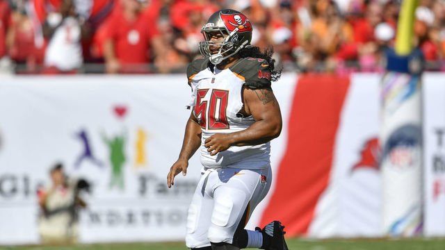 TAMPA, FL - OCTOBER 21: Tampa Bay Buccaneers defensive tackle Vita Vea (50) during the second half of an NFL game between the Cleveland Browns and the Tampa Bay Bucs on October 21, 2018, at Raymond James Stadium in Tampa, FL. The Bucs defeated the Browns 26-23 in overtime.