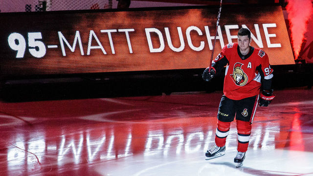 OTTAWA, ON - OCTOBER 4: Matt Duchene #95 steps onto the ice during player introductions prior to a game the Chicago Blackhawks at Canadian Tire Centre on October 4, 2018 in Ottawa, Ontario, Canada.