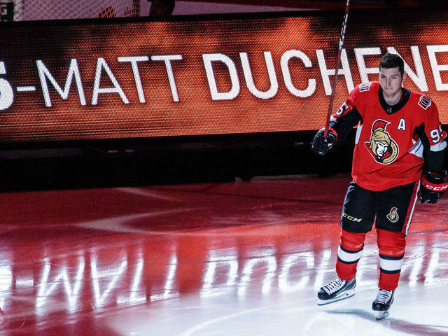 OTTAWA, ON - OCTOBER 4: Matt Duchene #95 steps onto the ice during player introductions prior to a game the Chicago Blackhawks at Canadian Tire Centre on October 4, 2018 in Ottawa, Ontario, Canada.