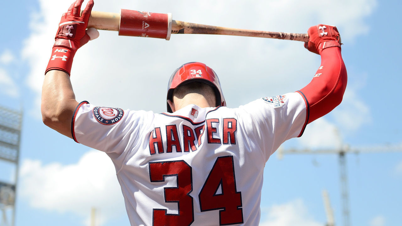WASHINGTON, DC - AUGUST 04: Bryce Harper #34 of the Washington Nationals gets ready to bat in the sixth inning against the Cincinnati Reds during game one of a doubleheader at Nationals Park on August 4, 2018 in Washington, DC.