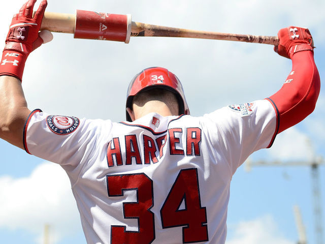 WASHINGTON, DC - AUGUST 04: Bryce Harper #34 of the Washington Nationals gets ready to bat in the sixth inning against the Cincinnati Reds during game one of a doubleheader at Nationals Park on August 4, 2018 in Washington, DC.