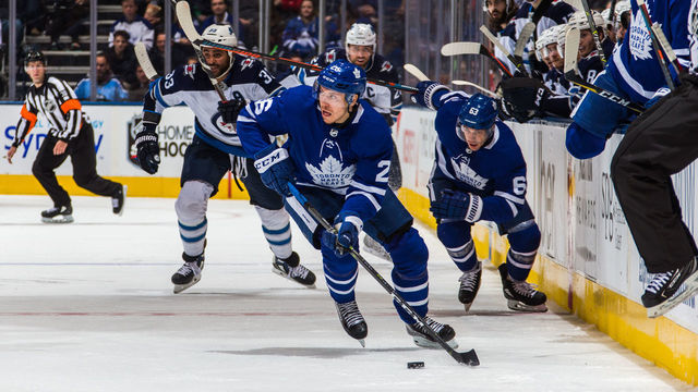 TORONTO, ON - OCTOBER 27: Par Lindholm #26 of the Toronto Maple Leafs skates with the puck against the Winnipeg Jets during the second period at the Scotiabank Arena on October 27, 2018 in Toronto, Ontario, Canada.