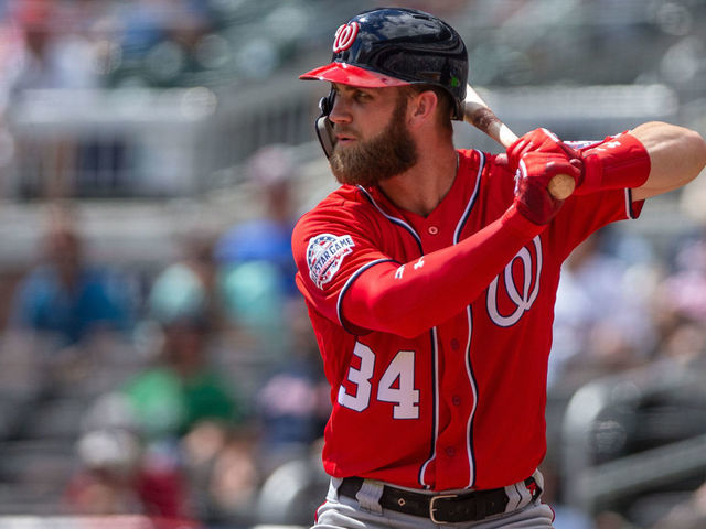 ATLANTA, GA - SEPTEMBER 15: Bryce Harper #34 of the Washington Nationals waits for the pitch from the Atlanta Braves at SunTrust Park on September 15, 2018 in Atlanta, Georgia.