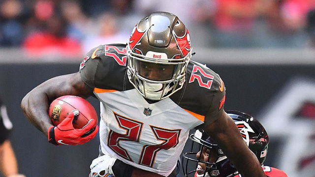 ATLANTA, GA - OCTOBER 14: Ronald Jones #27 of the Tampa Bay Buccaneers runs the ball during the second quarter against the Tampa Bay Buccaneers at Mercedes-Benz Stadium on October 14, 2018 in Atlanta, Georgia.
