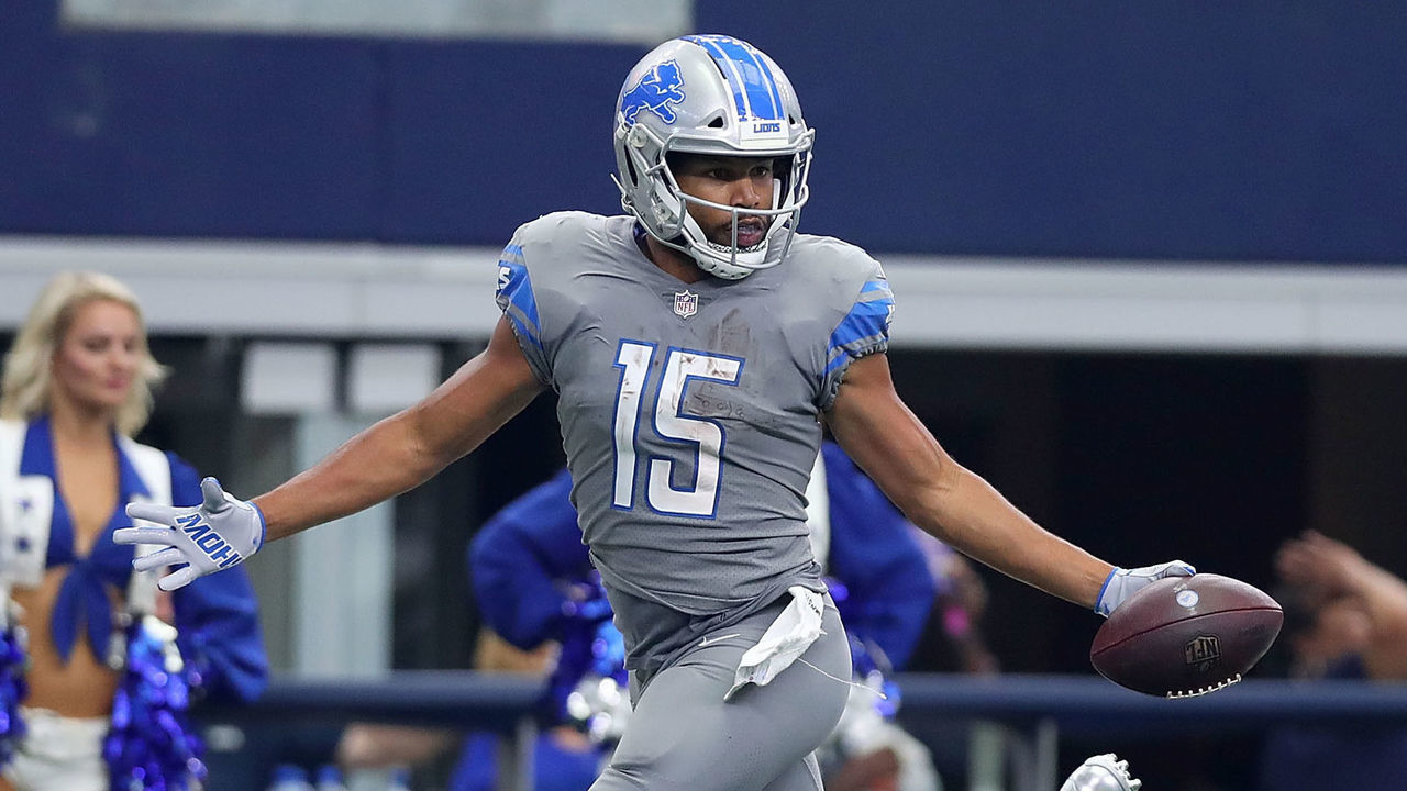 ARLINGTON, TX - SEPTEMBER 30: Golden Tate #15 of the Detroit Lions taunts Chidobe Awuzie #24 of the Dallas Cowboys with the football before scoring a touchdown in the fourth quarter of a game at AT&T Stadium on September 30, 2018 in Arlington, Texas.