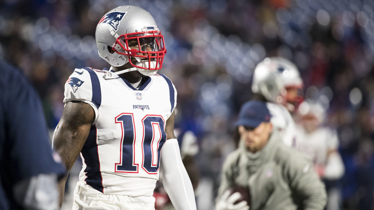 ORCHARD PARK, NY - OCTOBER 29: Josh Gordon #10 of the New England Patriots walks on the field during warmups for the game against the Buffalo Bills at New Era Field on October 29, 2018 in Orchard Park, New York.