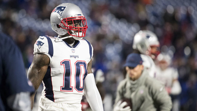 ORCHARD PARK, NY - OCTOBER 29: Josh Gordon #10 of the New England Patriots walks on the field during warmups for the game against the Buffalo Bills at New Era Field on October 29, 2018 in Orchard Park, New York.