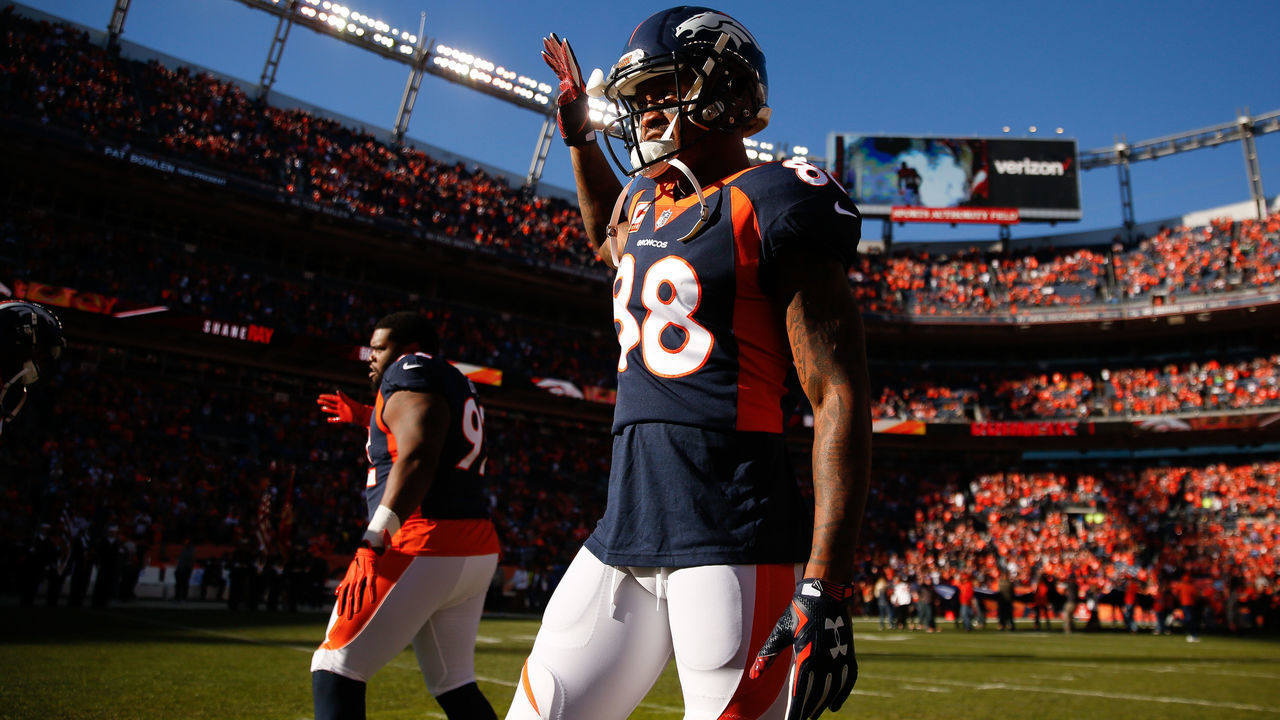 DENVER, CO - DECEMBER 10: Wide receiver Demaryius Thomas #88 of the Denver Broncos and nose tackle Zach Kerr #92 of the Denver Broncos stand on the field during pre-game before taking on the New York Jets at Sports Authority Field at Mile High on December 10, 2017 in Denver, Colorado.