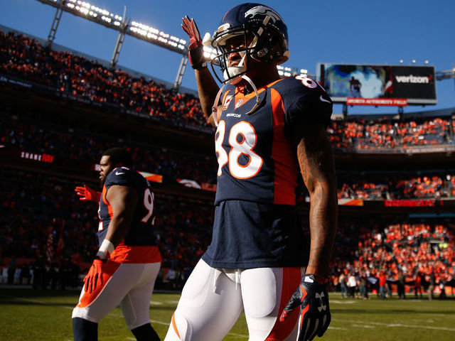 DENVER, CO - DECEMBER 10: Wide receiver Demaryius Thomas #88 of the Denver Broncos and nose tackle Zach Kerr #92 of the Denver Broncos stand on the field during pre-game before taking on the New York Jets at Sports Authority Field at Mile High on December 10, 2017 in Denver, Colorado.
