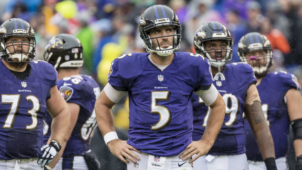 BALTIMORE, MD - SEPTEMBER 23: Joe Flacco #5 of the Baltimore Ravens looks on against the Denver Broncos during the second half at M&T Bank Stadium on September 23, 2018 in Baltimore, Maryland.