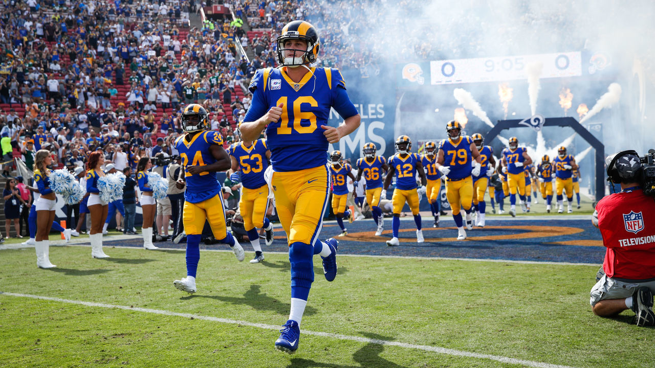 LOS ANGELES, CA - OCTOBER 28: Quarterback Jared Goff #16 of the Los Angeles Rams leads the team entering the field to play the Green Bay Packers at Los Angeles Memorial Coliseum on October 28, 2018 in Los Angeles, California.