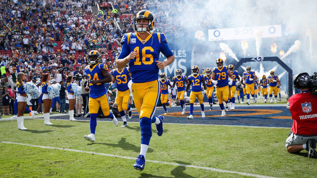 LOS ANGELES, CA - OCTOBER 28: Quarterback Jared Goff #16 of the Los Angeles Rams leads the team entering the field to play the Green Bay Packers at Los Angeles Memorial Coliseum on October 28, 2018 in Los Angeles, California.