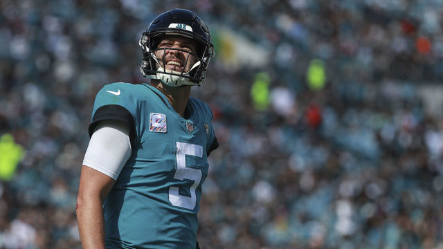 JACKSONVILLE, FL - OCTOBER 21: Blake Bortles #5 of the Jacksonville Jaguars looks at the scoreboard during the second half against the Houston Texans at TIAA Bank Field on October 21, 2018 in Jacksonville, Florida.