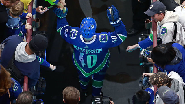 VANCOUVER, BC - OCTOBER 29: Elias Pettersson #40 of the Vancouver Canucks is cheered on by fans as he walks out to the ice during warmup their NHL game against the Minnesota Wild at Rogers Arena October 29, 2018 in Vancouver, British Columbia, Canada.