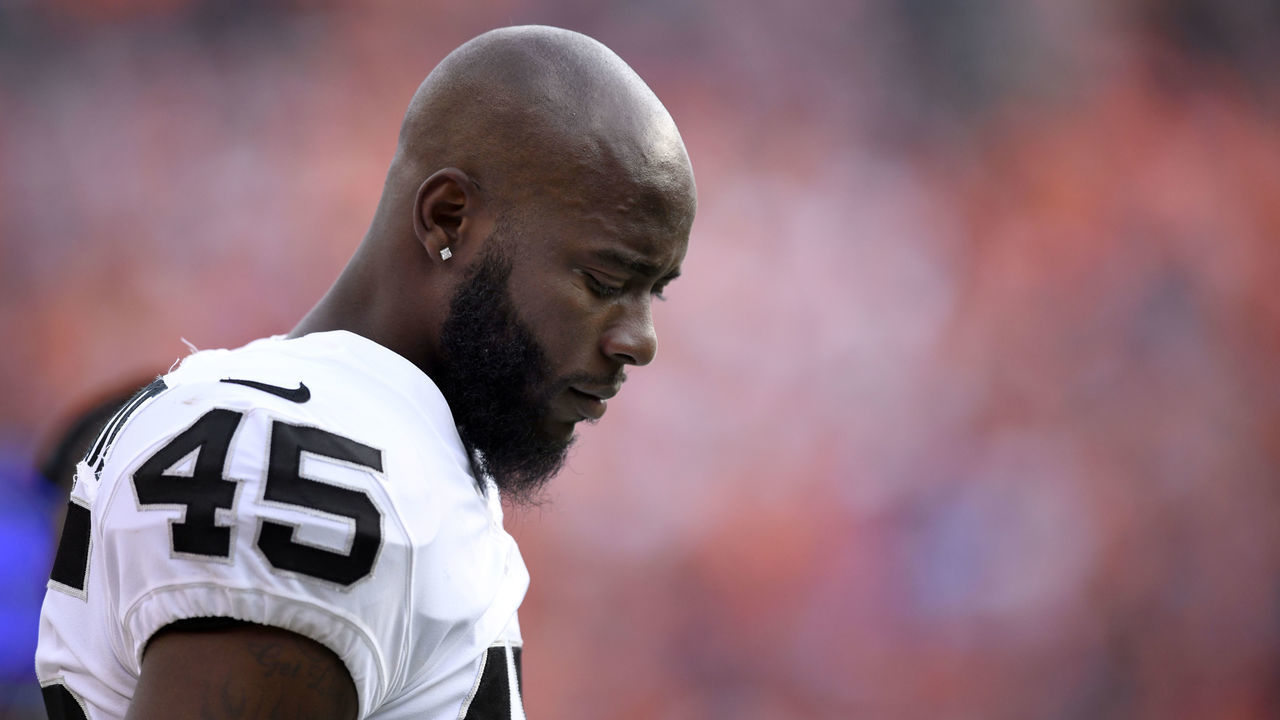 DENVER, CO - SEPTEMBER 16, 2018: Defensive back Dominique Rodgers-Cromartie (45) of the Oakland Raiders on the sideline during the fourth quarter on Sunday, September 16 at Broncos Stadium at Mile High. The Broncos won 20 to 19. The Denver Broncos hosted the Oakland Raiders for the second game of the season.