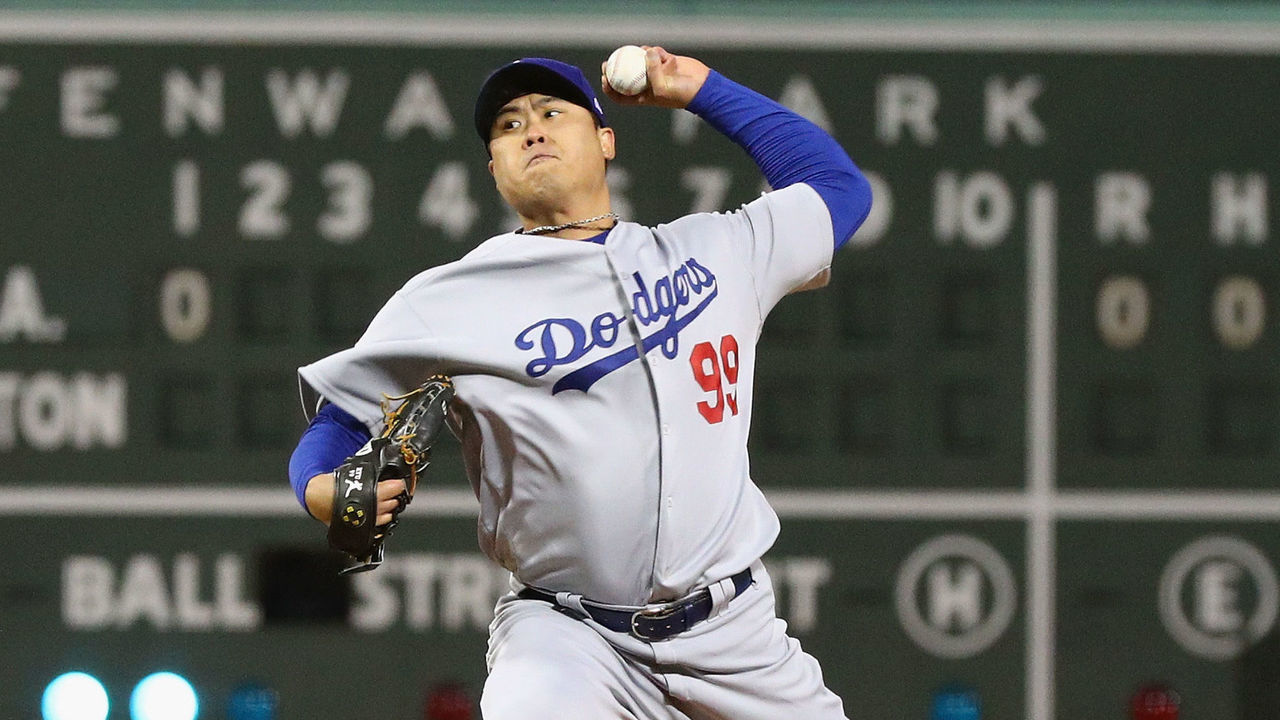 BOSTON, MA - OCTOBER 24: Hyun-Jin Ryu #99 of the Los Angeles Dodgers delivers the pitch during the first inning against the Boston Red Soxin Game Two of the 2018 World Series at Fenway Park on October 24, 2018 in Boston, Massachusetts.