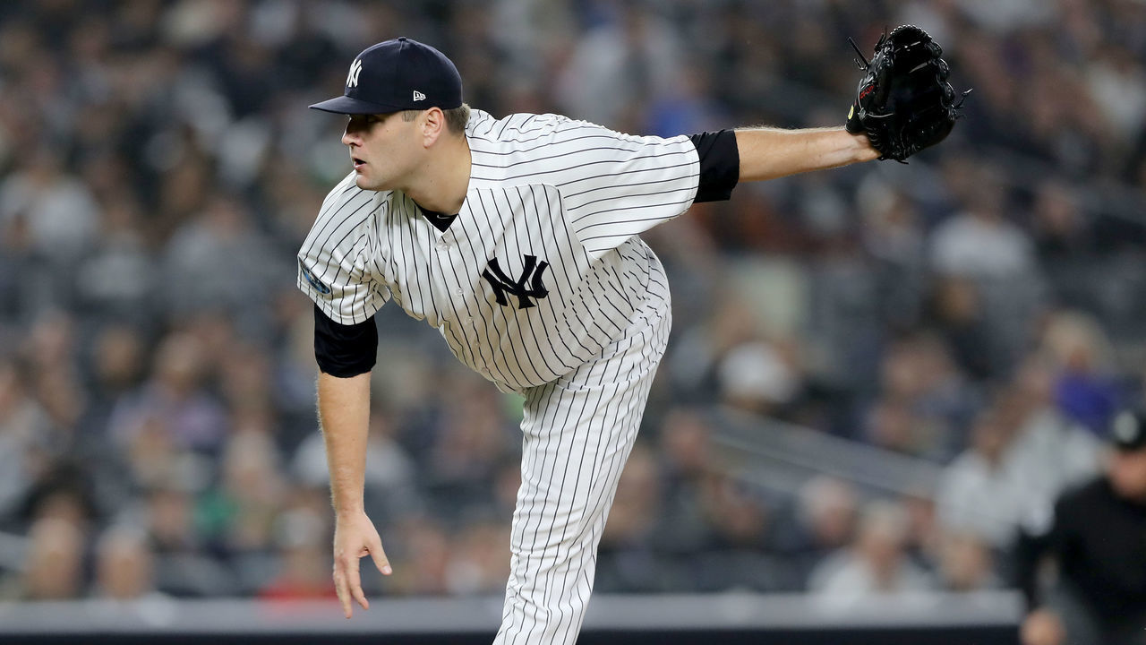 NEW YORK, NEW YORK - OCTOBER 08: Lance Lynn #36 of the New York Yankees throws a pitch against the Boston Red Sox during the fourth inning in Game Three of the American League Division Series at Yankee Stadium on October 08, 2018 in the Bronx borough of New York City.