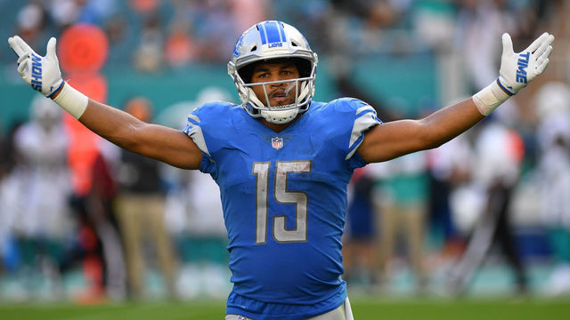 MIAMI, FL - OCTOBER 21: Golden Tate #15 of the Detroit Lions celebrates in the fourth quarter against the Miami Dolphins at Hard Rock Stadium on October 21, 2018 in Miami, Florida.