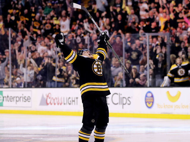 BOSTON, MA - APRIL 25: Torey Krug #47 of the Boston Bruins celebrates after scoring a goal against the Toronto Maple Leafs during the third period of Game Seven of the Eastern Conference First Round in the 2018 Stanley Cup play-offs at TD Garden on April 25, 2018 in Boston, Massachusetts. The Bruins defeat the Maple Leafs 7-4.
