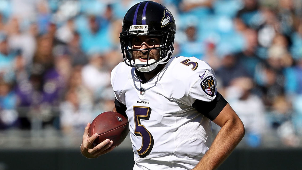 CHARLOTTE, NC - OCTOBER 28: Joe Flacco #5 of the Baltimore Ravens runs the ball against the Carolina Panthers in the third quarter during their game at Bank of America Stadium on October 28, 2018 in Charlotte, North Carolina.